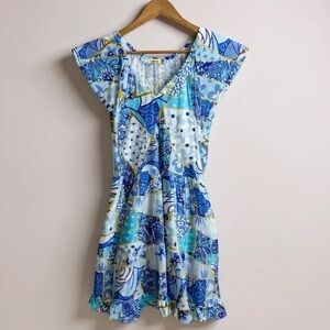 Maude‎ Vivante Blue White Patchwork Flutter Sleeve Dress Medium Boho Resort
